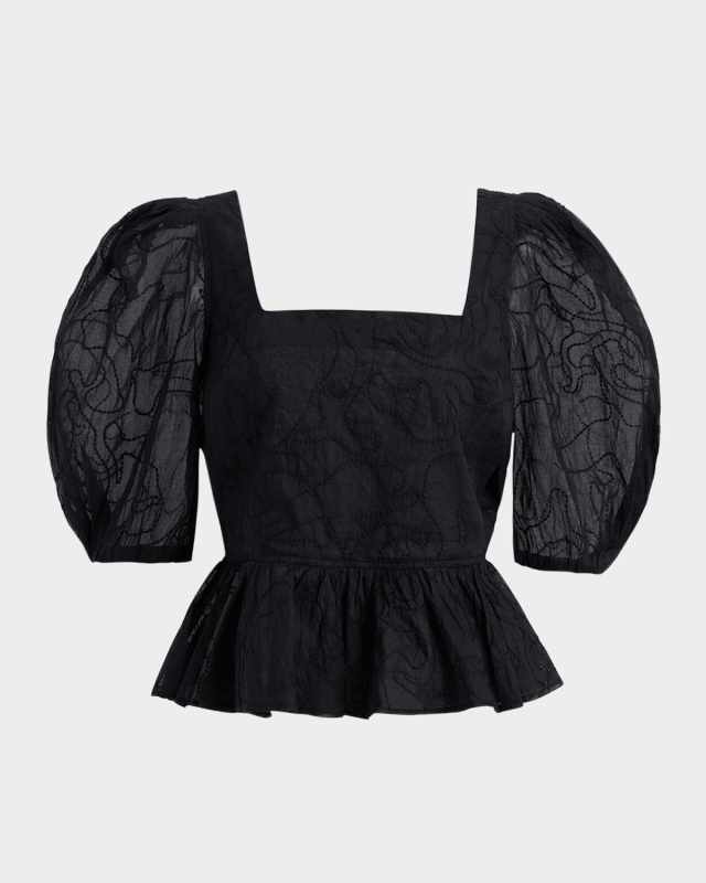 Orla Embroidered Puff-Sleeve Peplum Top
